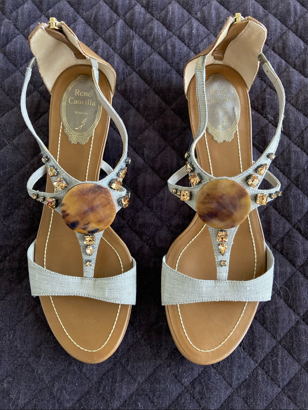 Rene Caovilla Silver T-Strap Sandals with Brown Tortoiseshell Medallions